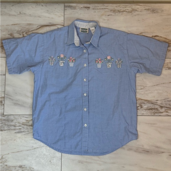 Separate Issue Floral Embroidered Button Down Shirt Size S Blue Gingham Trim - Picture 1 of 7